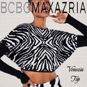BCBGMAXAZRIA Venezia Twofer Black & White Zebra Print Cropped Knit Top NWT/Lg